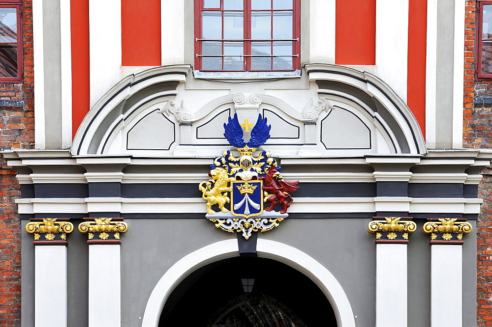 Detail at the side entrance of the historic town hall with the coat of arms of the Hanseatic City of Stralsund, Mecklenburg-Western Pomerania, Germany, Europe