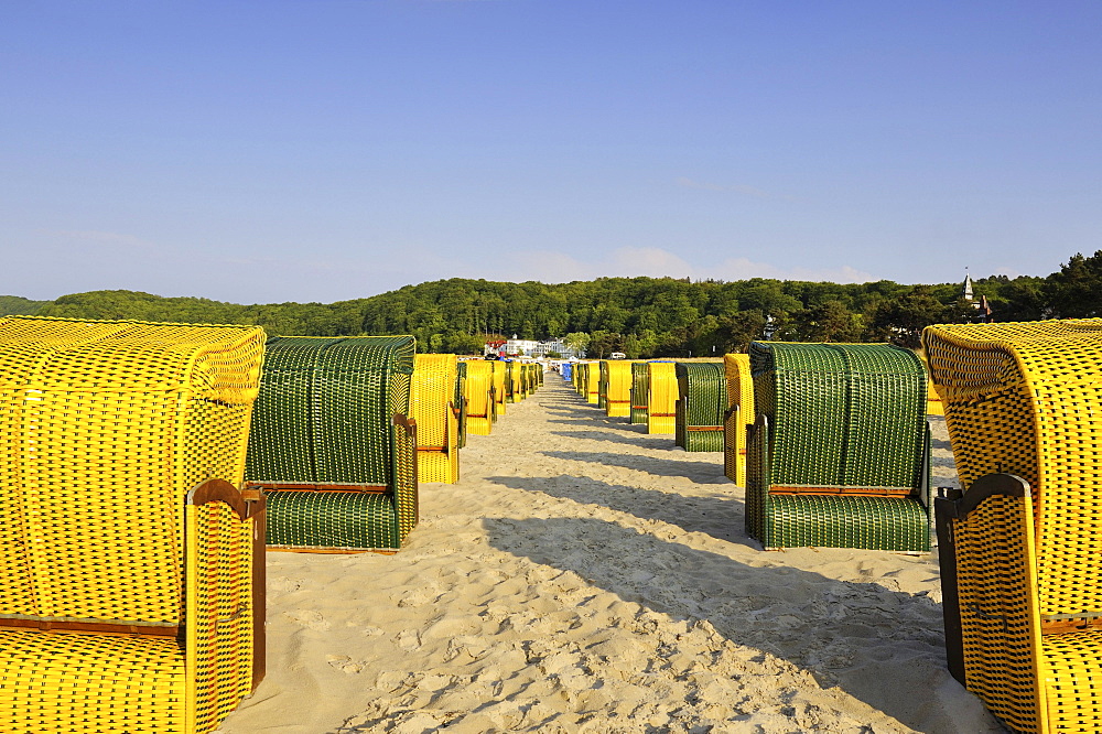 Lined up beach chairs on the sandy beach of the Baltic resort Binz on Ruegen island, Mecklenburg-Western Pomerania, Germany, Europe