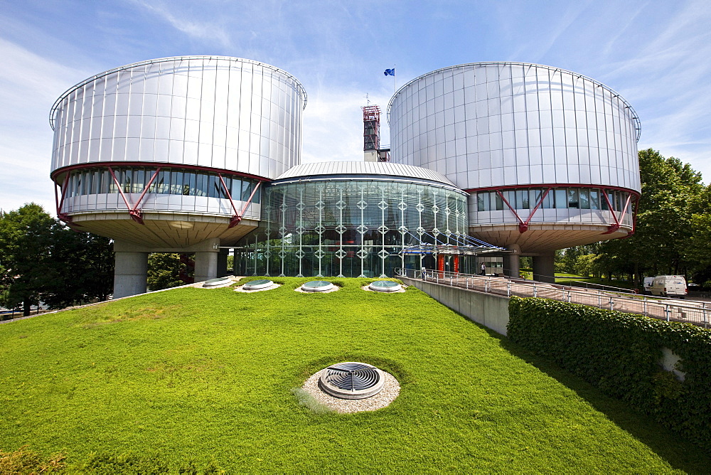 View of the European Court of Human Rights with its two cylindrical buildings of the courtrooms, Strasbourg, France, Europe