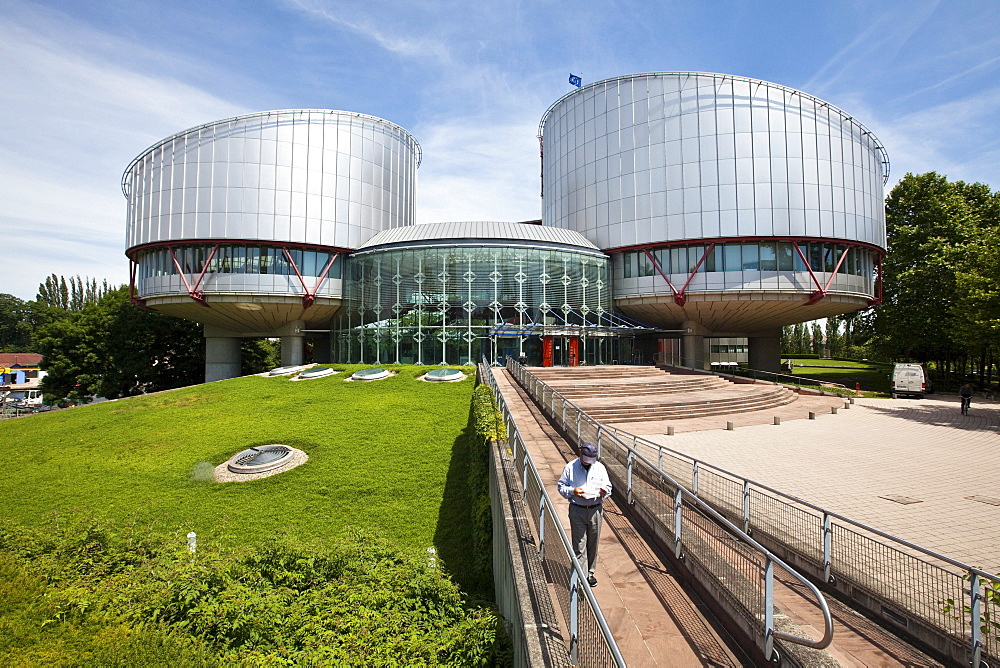 View of the European Court of Human Rights with its two cylindrical buildings of the courtrooms, Strasbourg, France, Europe