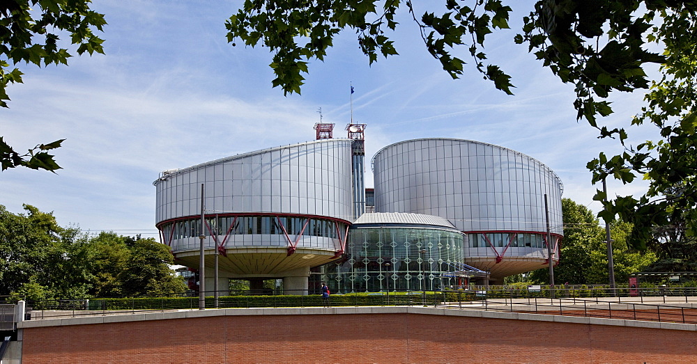 View of the European Court of Human Rights with its two cylindrical buildings of the courtrooms, Strasbourg, France, Europe