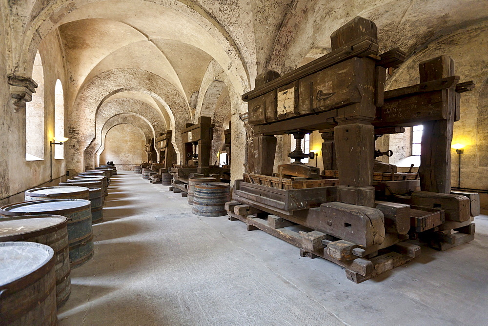 Old wine presses in Kloster Eberbach Abbey, Eltville am Rhein, Rheingau, Hesse, Germany, Europe