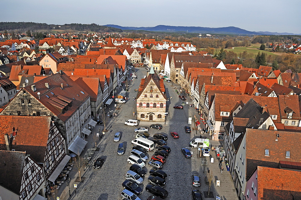 View from the tower of the Johanniskirche church on the market square with the old town hall, in the back the Hersbrucker Schweiz region, market place, Lauf an der Pegnitz, Middle Franconia, Bavaria, Germany, Europe