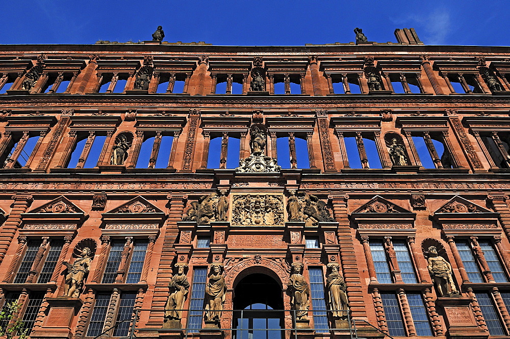 Heidelberg Castle ruins, destroyed in 1693, ornate entrance facade of the Ottheinrichs Building, built under the Elector Otto Heinrich 1556-1559 in the Dutch Renaissance style, Schlosshof, Heidelberg, Baden-Wuerttemberg, Germany, Europe