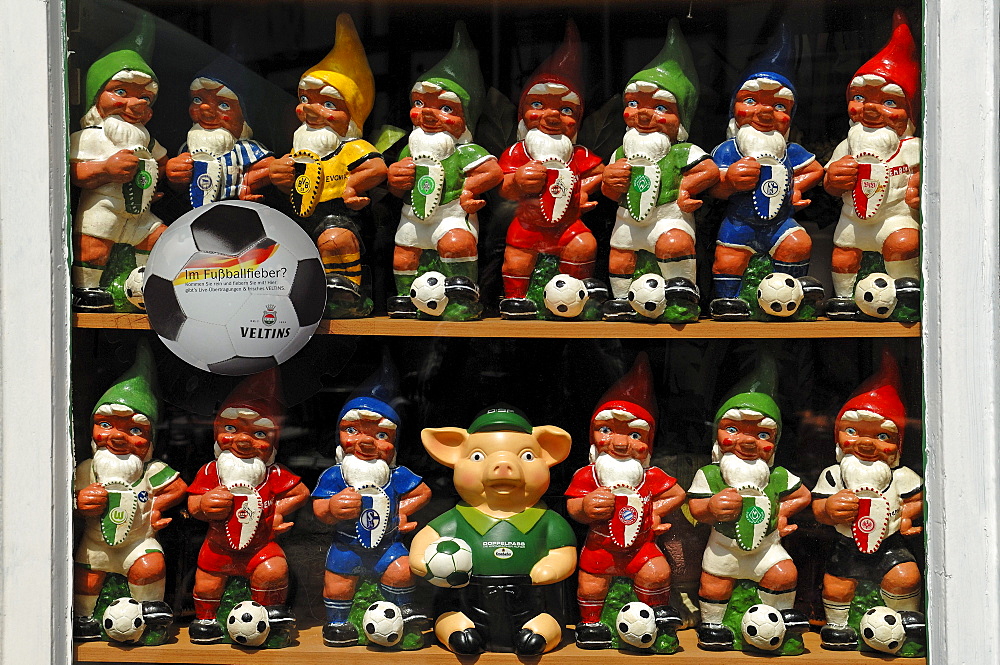 Garden gnomes in football clothing in a lottery shop, Goettingen, Lower Saxony, Germany, Europe