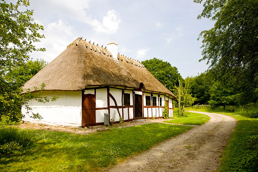 Idyllic old half-timbered house, the Funen Village open air museum, Odense, Denmark, Europe