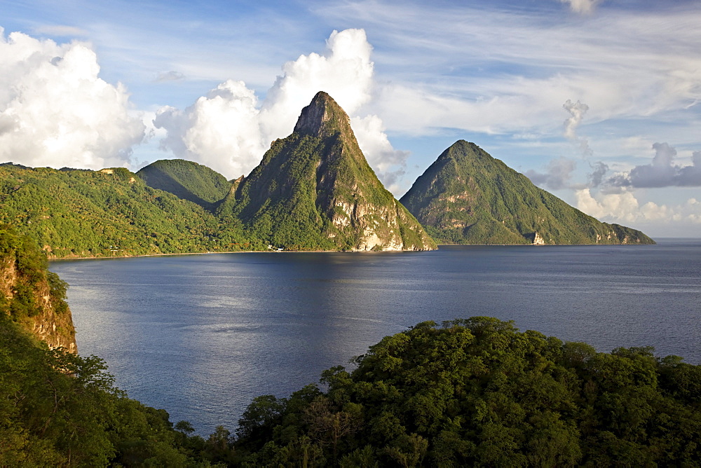 Piton Mountains, bay, rainforest, clouds, UNESCO World Heritage Site, Soufriere, Saint Lucia, LCA, Windward Islands, Lesser Antilles, Caribbean, Caribbean Sea