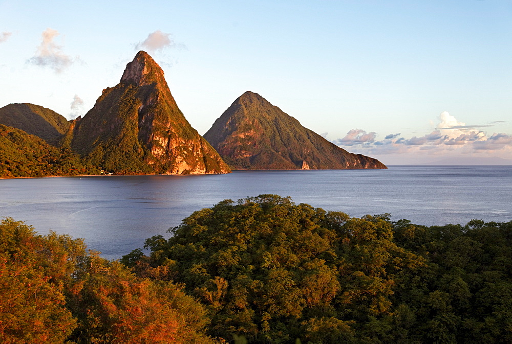 Piton Mountains, bay, rainforest, clouds, evening, romantic, UNESCO World Heritage Site, Soufriere, Saint Lucia, LCA, Windward Islands, Lesser Antilles, Caribbean, Caribbean Sea