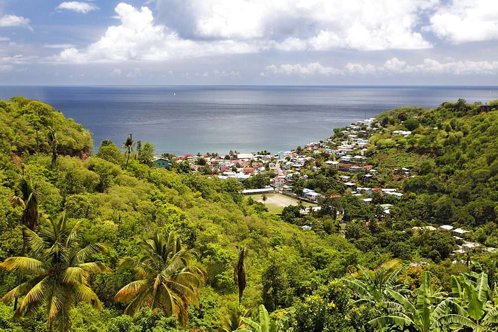 Green tropical island landscape, bay, ocean, city, Canaries, Saint Lucia, LCA, Windward Islands, Lesser Antilles, Caribbean, Caribbean Sea