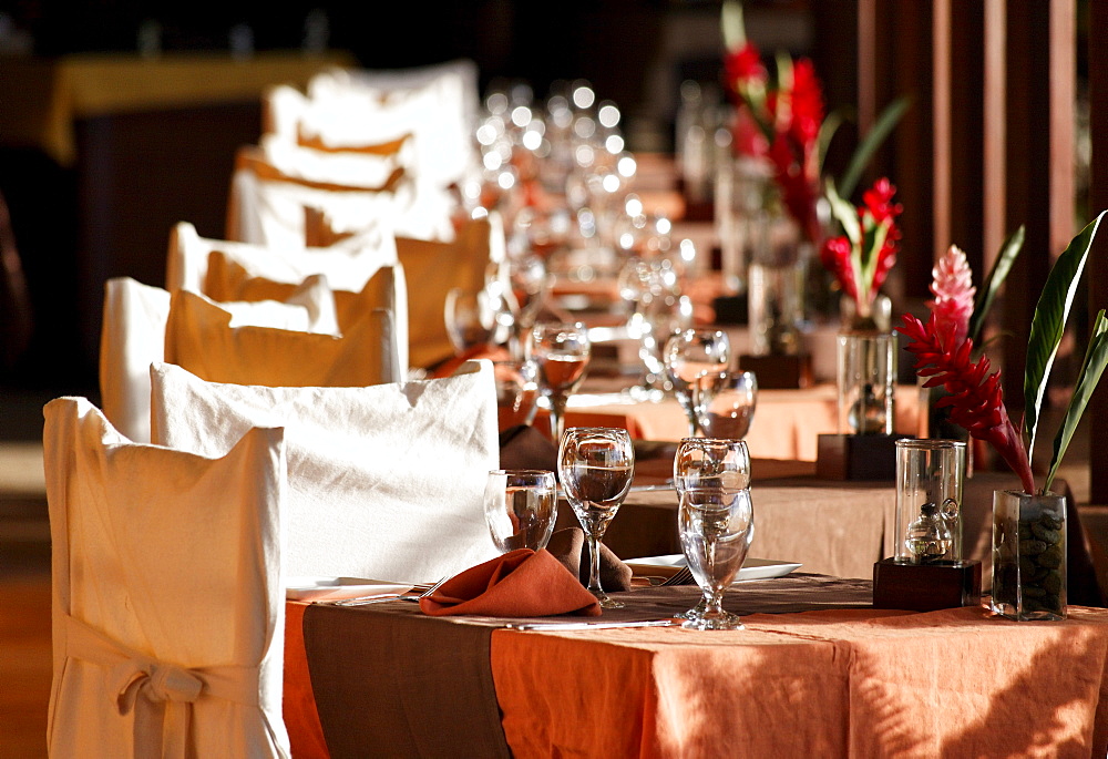 Festively laid table, chairs, Luxury Hotel Anse Chastanet Resort, LCA, St. Lucia, Saint Lucia, Island Windward Islands, Lesser Antilles, Caribbean, Caribbean Sea