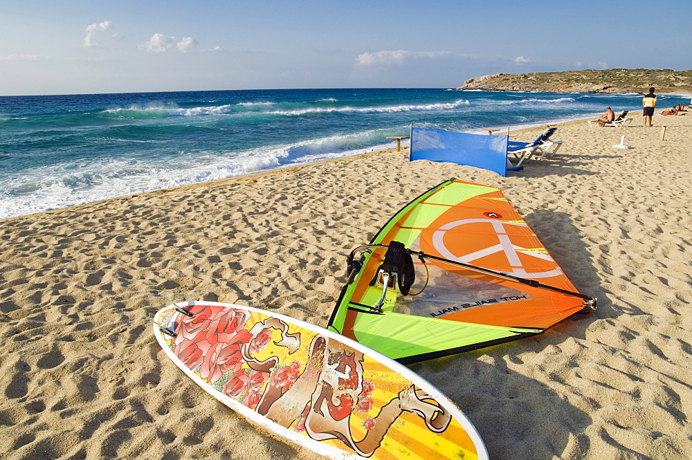 Surfboard on the beach, Algajola, Balagne, Corsica, France, Europe