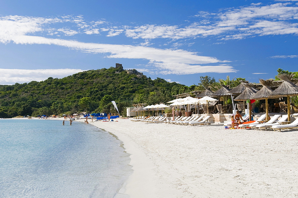 Deck chairs on the beach, San Ciprianu, Golfe de Porto Vecchio, East Coast, Corsica, France, Europe