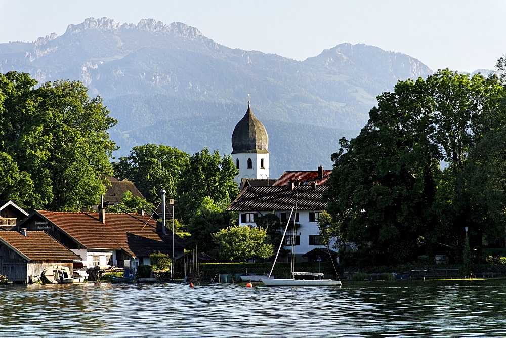 Saint Irmingard church bell tower, Fraueninsel island, lake Chiemsee, Chiemgau, Upper Bavaria, Germany, Europe