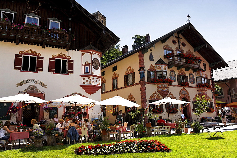 Blumen Cafe, traditional architecture of Markt Neubeuern, Upper Bavaria, Germany, Europe