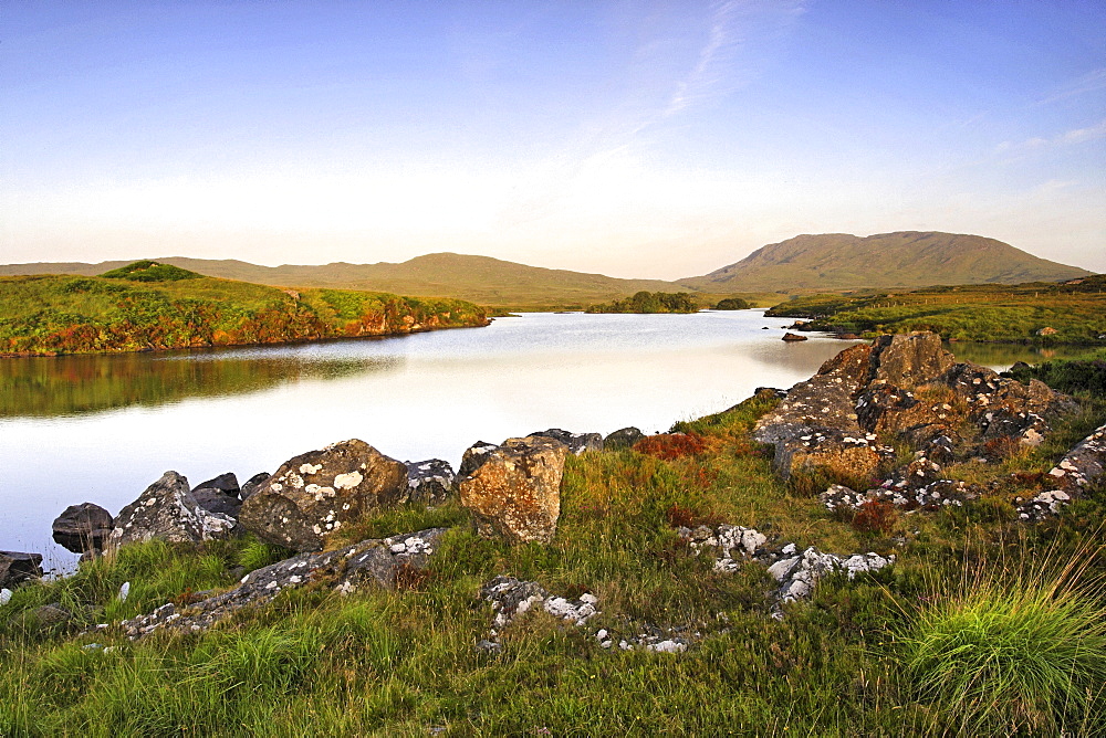 Lake landscape at sunrise, Connemara, Republic of Ireland, Europe