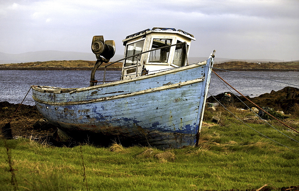 Old wooden fishing boat, Connemara, County Galway, Republic of Ireland, Europe