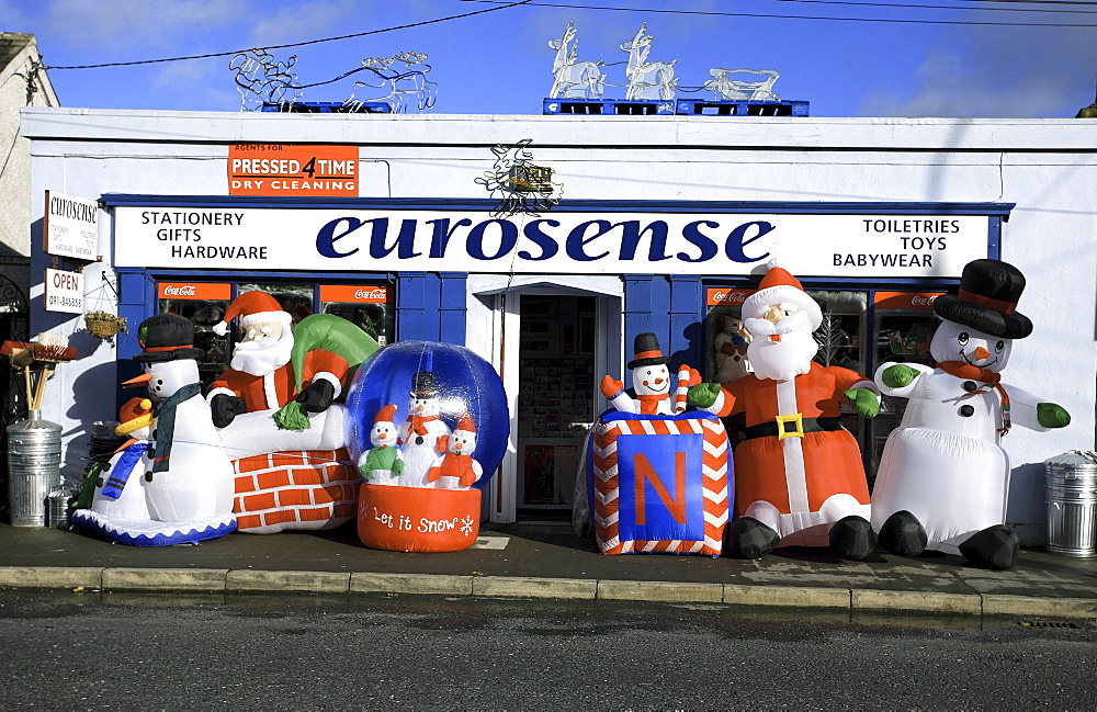 Hardware giftshop general store, blow up Christmas decorations, Craughwell, County Galway, Republic of Ireland, Europe