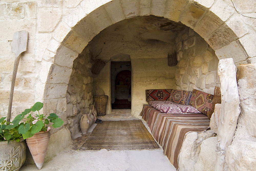 Cave hotel in Ortahisar, Cappadocia, Anatolia, Turkey, Asia