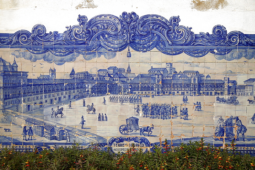 Lisbon before the 1755 earthquake, mural at the Church of Santa Luzia in the typical Azulejos blue glazed tiles in Lisbon, Portugal, Europe