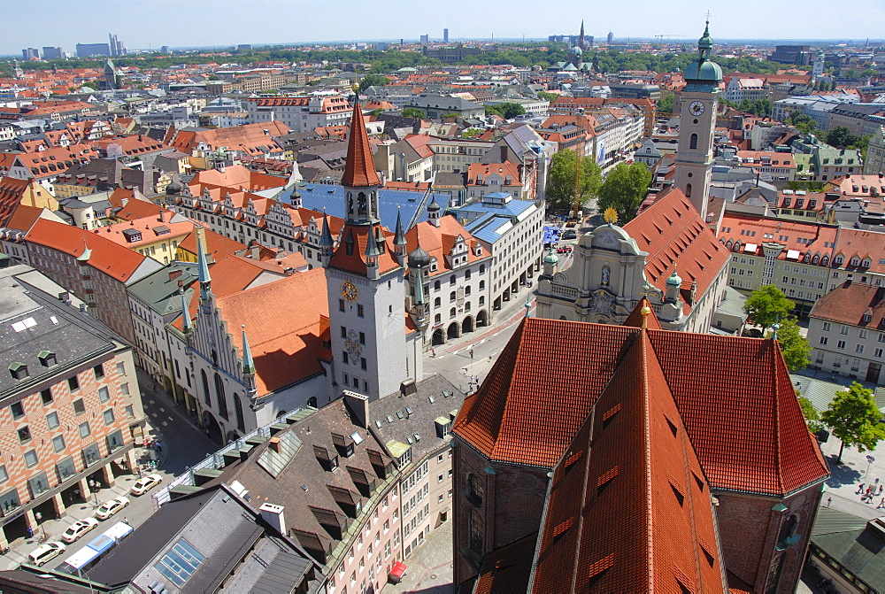 View from the 'Alter Peter' tower, St. Peter, of rooftops, city centre, Old Town Hall, Talburgtor Gate, Heilig-Geist Church, historic centre, Munich, Upper Bavaria, Germany, Europe