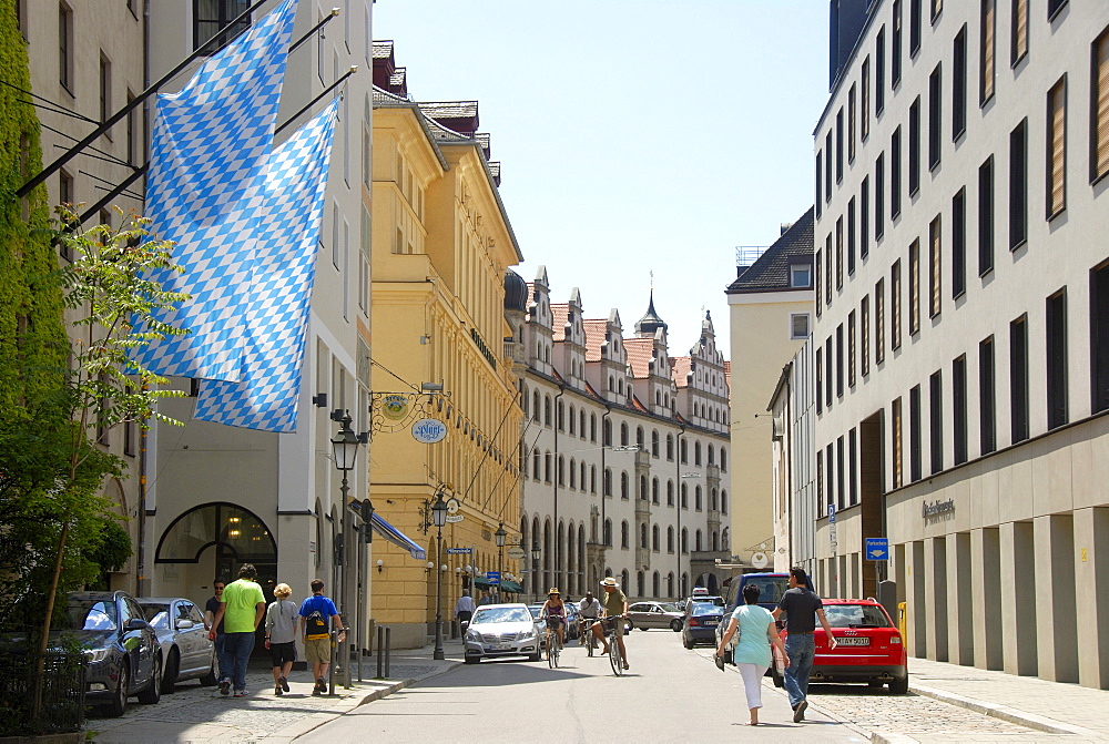 Sparkassenstrasse street in the city center, blue and white flags of Bavaria, historic centre, Munich, Upper Bavaria, Germany, Europe