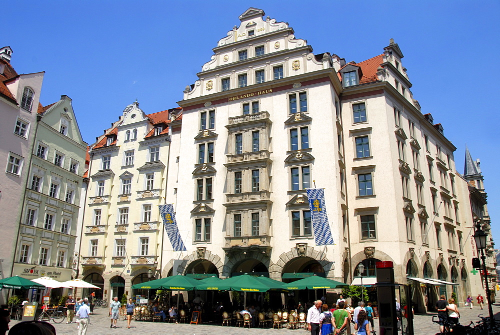 Orlando-Haus building on the Platzl, square with restaurant, downtown, old town, Munich, capital, Upper Bavaria, Bavaria, Germany, Europe