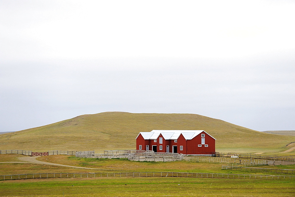 Red sheepshearers' shed in a hilly landscape, Ushuaia, Tierra del Fuego, Patagonia, Argentina, South America