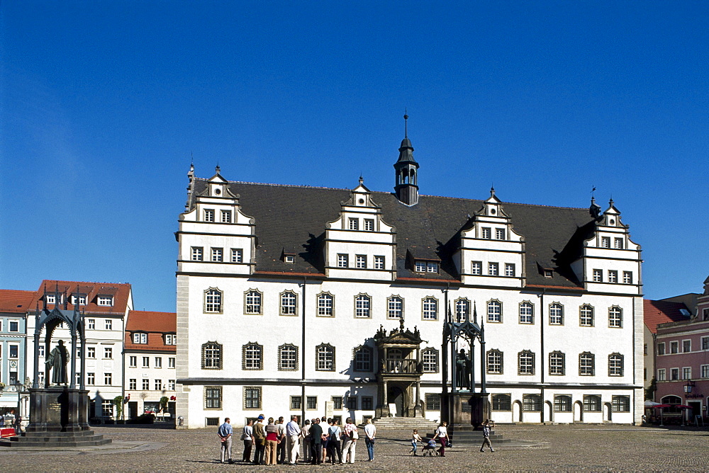 Luther and Melanchthon monument in front of city hall, Wittenberg, Saxony-Anhalt, Germany, Europe