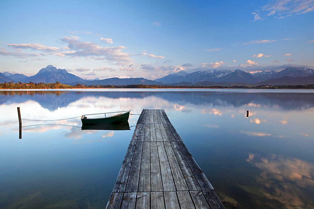 Evening mood at Hopfensee Lake with a view towards the Alps, Hopfensee in Allgaeu near Fuessen, Bavaria, Germany, Europe