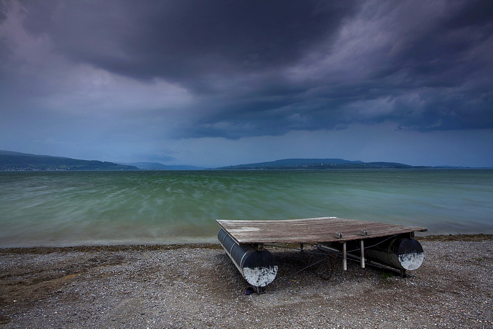 Stormy atmosphere at Lake Constance, swimming platform, heavy storm, Reichenau Island, Baden-Wuerttemberg, Germany, Europe