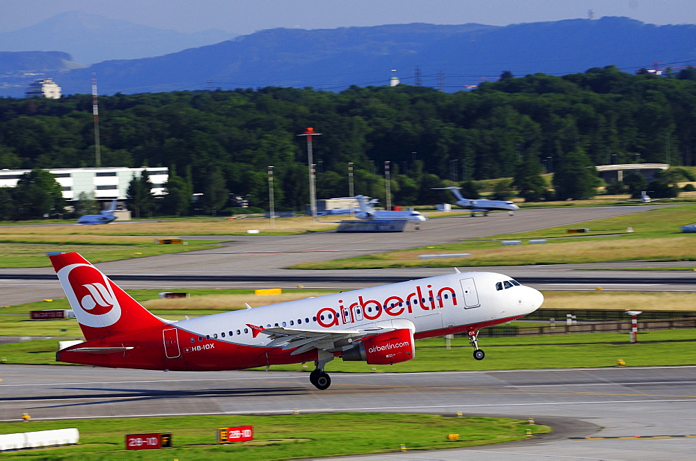 Airbus A319 from Air Berlin during take-off, Zurich Airport, Switzerland, Europe