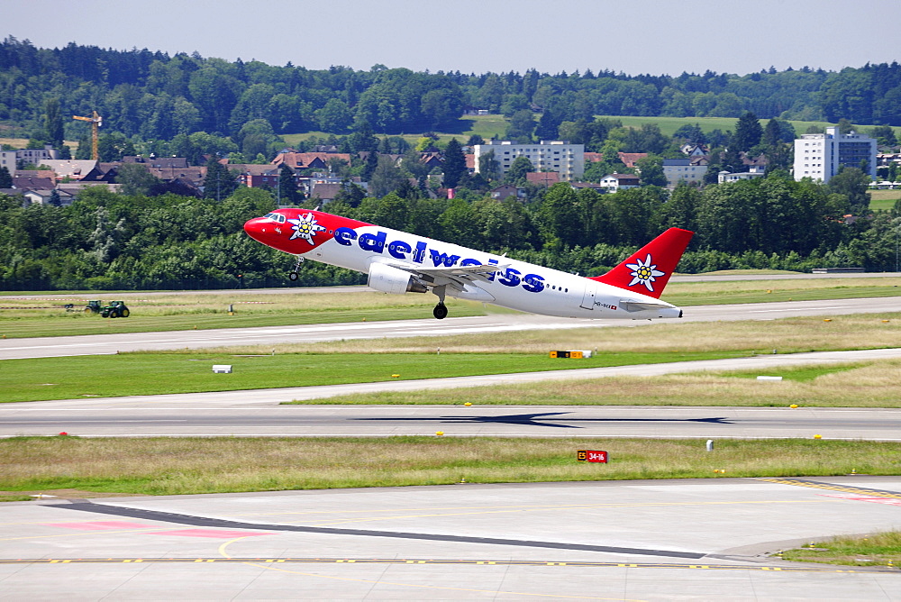 Airbus 320 from Edelweiss Air taking off, Kloten Airport, Switzerland, Europe