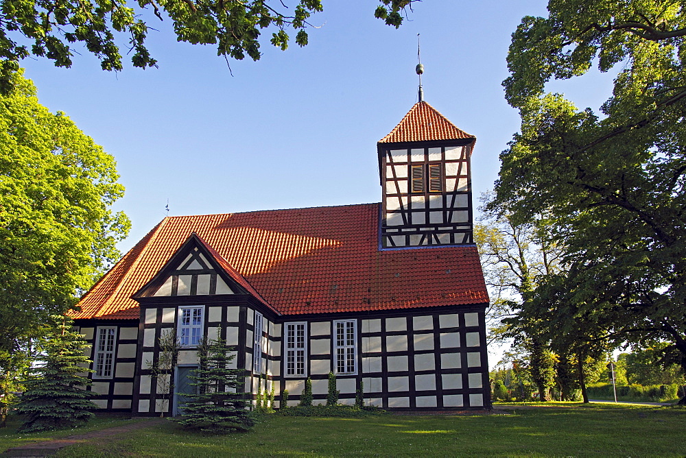 Historic timber-framed church in Luckow, Luckower Dorfkirche, built from 1725 - 1726, Luckow, Uecker-Randow district, Mecklenburg-Western-Pomerania, Germany, Europe