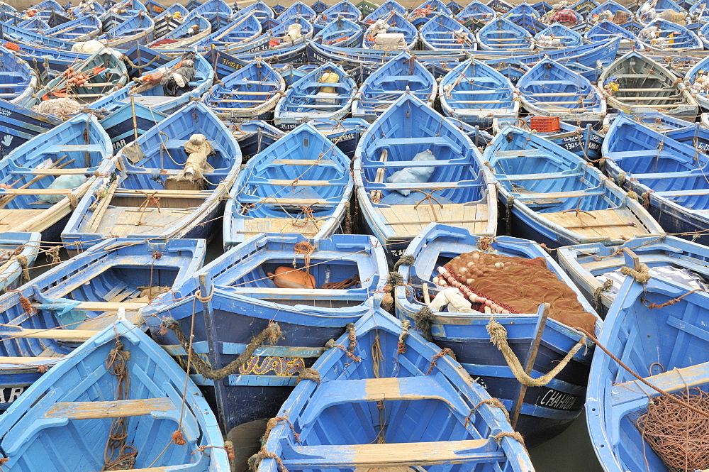 Blue fishing boats in the harbour, Essaouira, Morocco, Africa