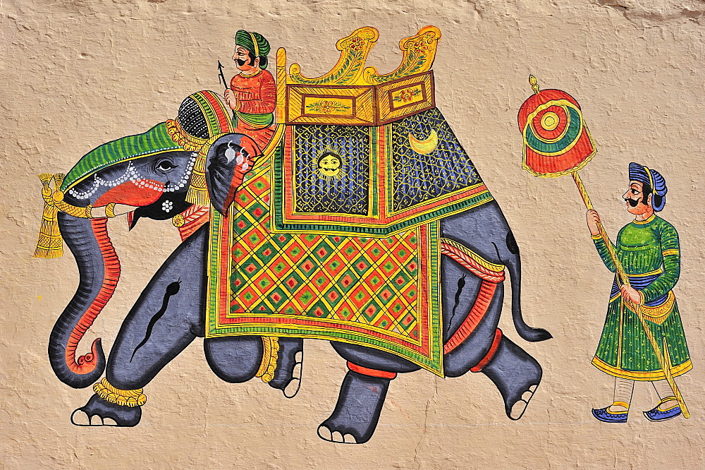 Mural on a wall, Shilpgram near Udaipur, Rajasthan, India, Asia