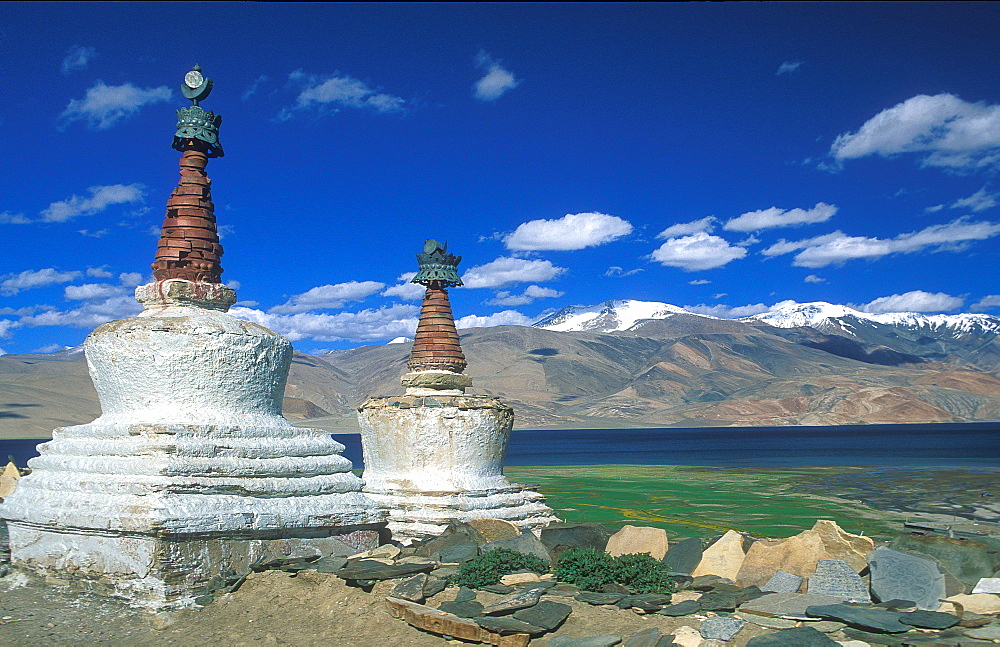 Stupas at Tso Moriri Ladakh, Himalaya, northern India, Asia