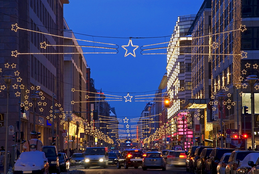 Friedrichstrasse street with Christmas decorations, Berlin, Germany, Europe