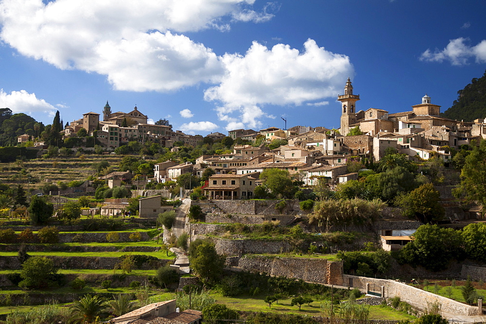 Atmospheric lighting, Valldemossa with Esglesia de Sant Bartomeu Church and Real Cartuja de Valldemossa, Valldemossa, Serra de Tramuntana, Majorca, Balearic Islands, Spain, Europe