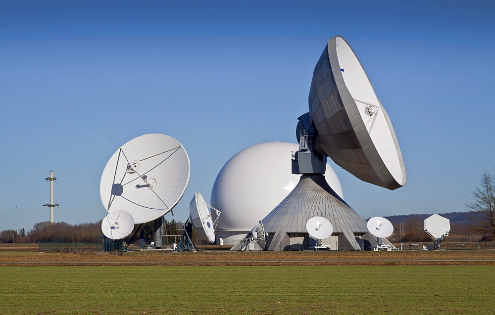 Parabolic antennas of the earth station in Raisting, Bavaria, Germany, Europe