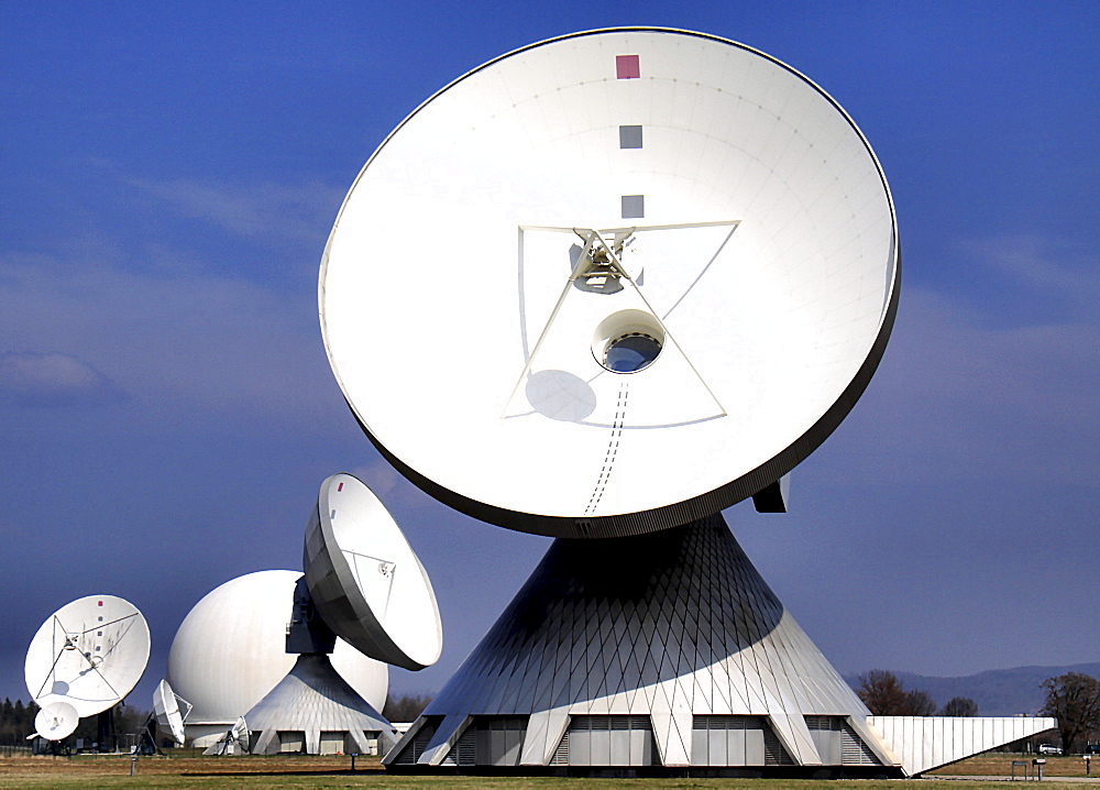 Parabolic antennas of the earth station in Raisting, Bavaria, Germany, Europe