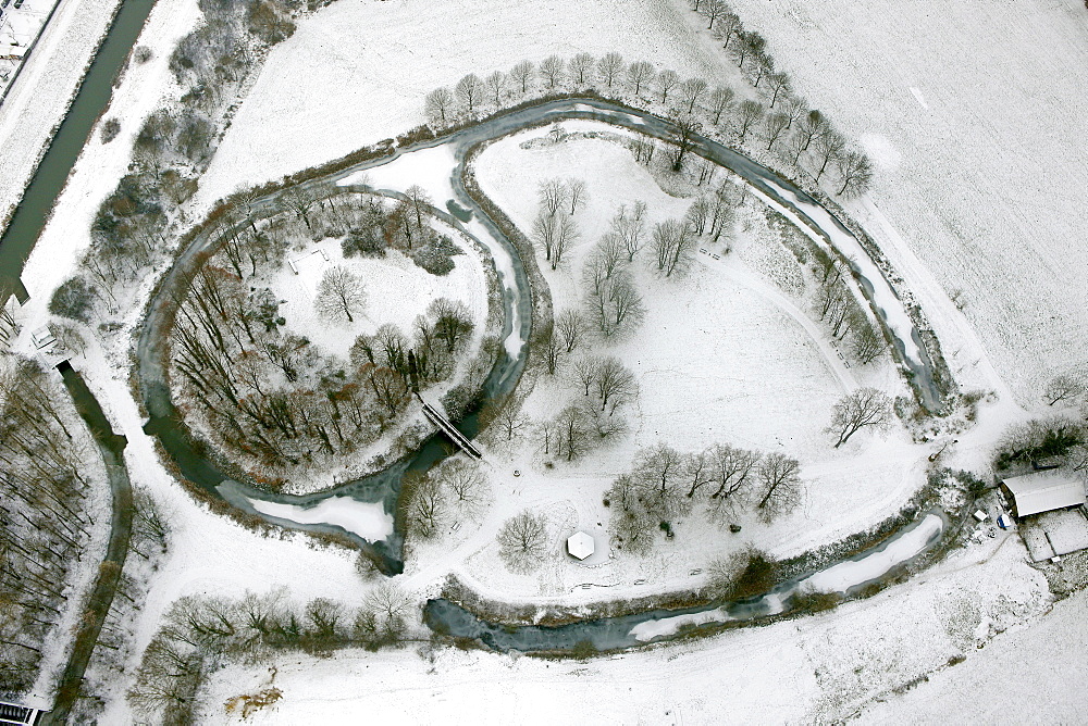 Aerial view, Burghuegel Mark, a medieval fortification, snow, Hamm, Ruhr area, North Rhine-Westphalia, Germany, Europe