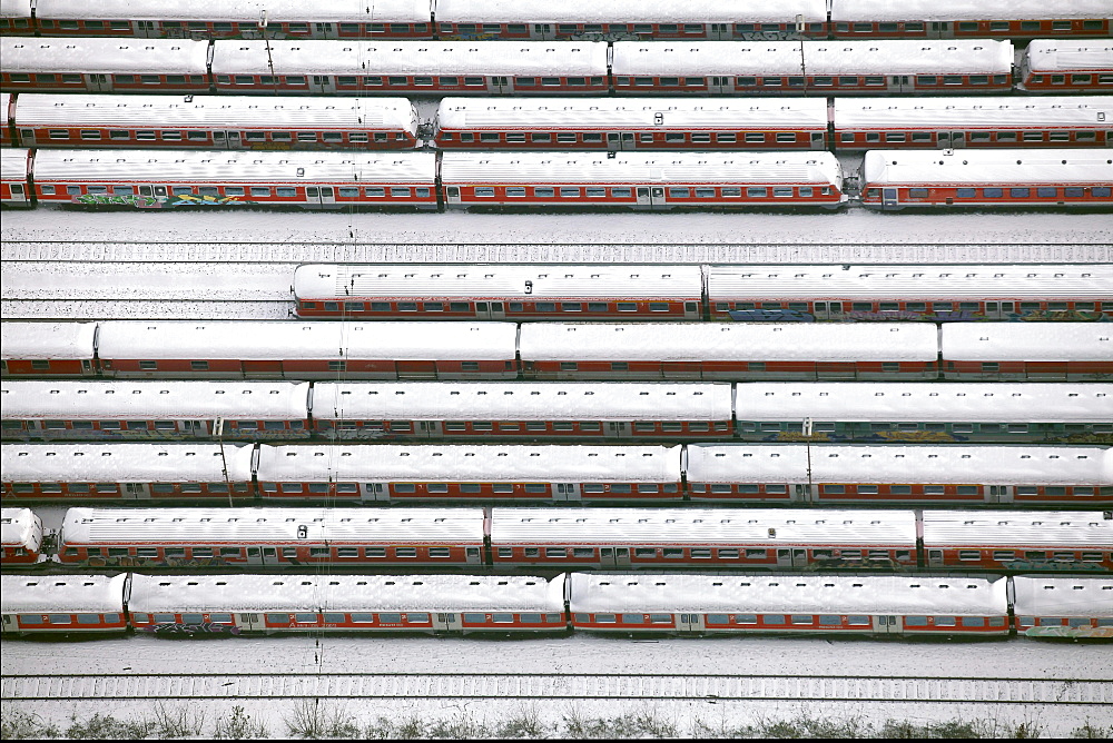 Aerial view, discarded freight cars, snow, freight yard, Hamm, Ruhr area, North Rhine-Westphalia, Germany, Europe