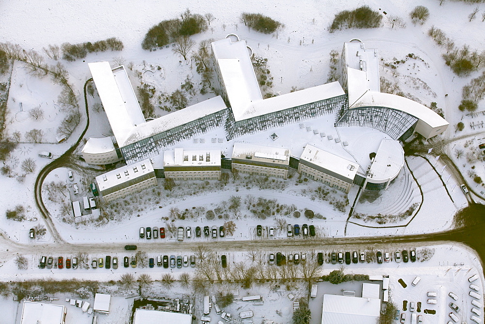 Aerial view, Witten-Herdecke University, a private university, snow, Witten, Ruhr area, North Rhine-Westphalia, Germany, Europe