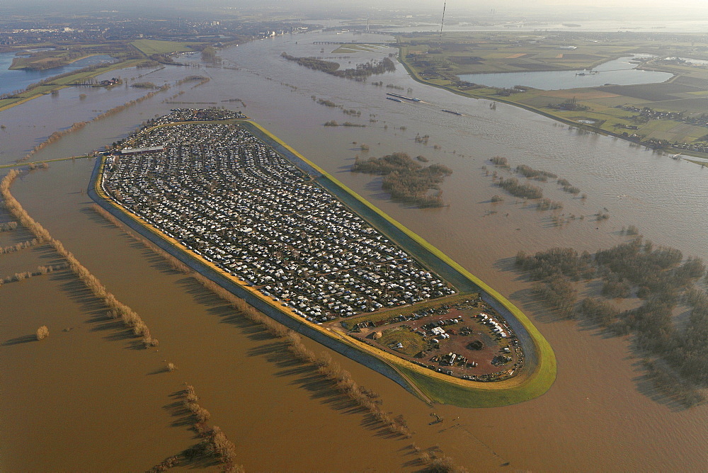 Flooded campsite, Grav Island near Wesel, Rhine River, Rheinauen, Rhine floodplains, North Rhine-Westphalia, Germany, Europe