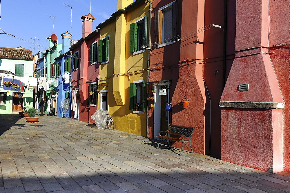 Colourful houses, chimneys are on the outside of the building because of a fire hazard, Burano Island, Venice, Italy, Southern Europe