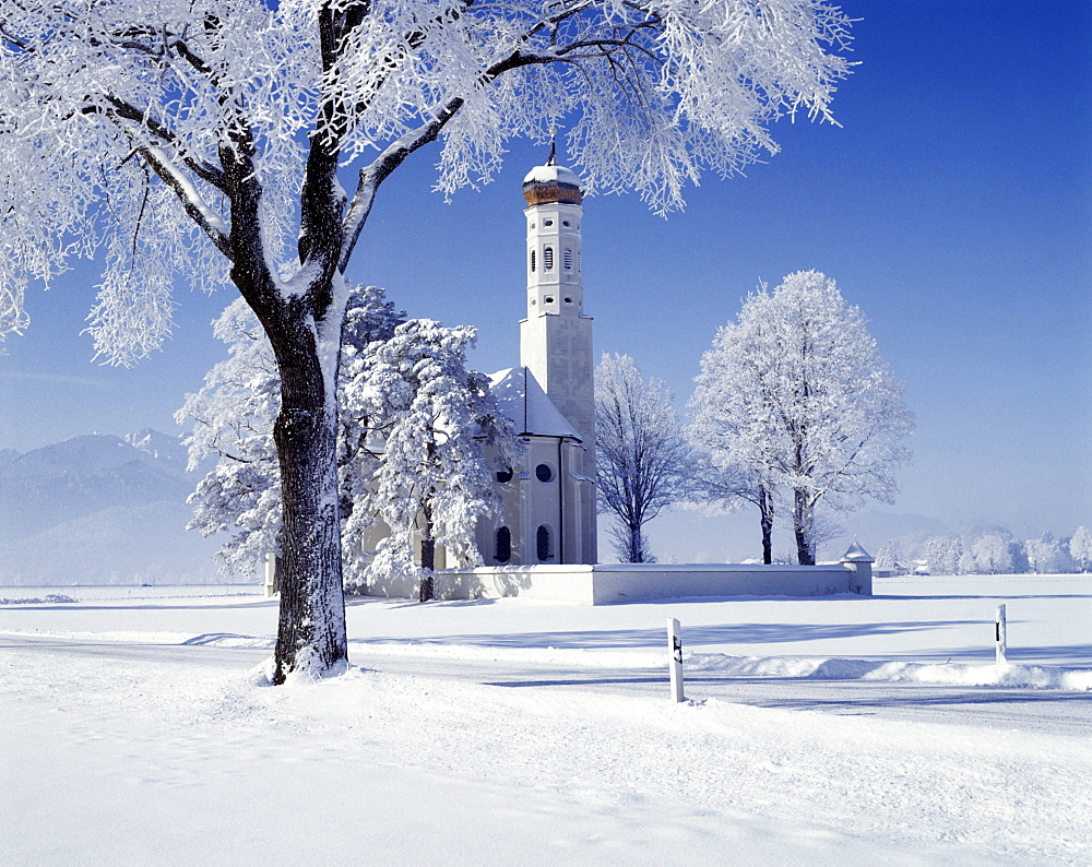 St Coloman, pilgrimage church, snow, Schwangau, Bavarian Swabia, Bavaria, Germany, Europe