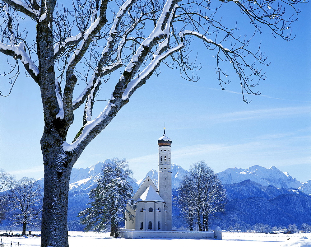 St Coloman, pilgrimage church, snow, Schwangau, Bavarian Swabia, Bavaria, Germany, Europe