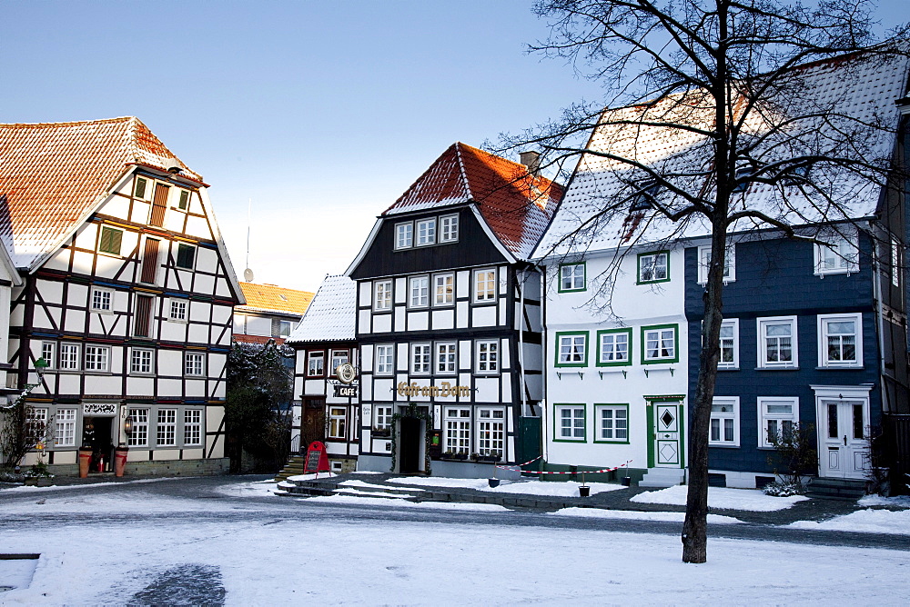 Snow-covered half-timbered houses in the historic town centre, Soest, Sauerland, North Rhine-Westphalia, Germany, Europe