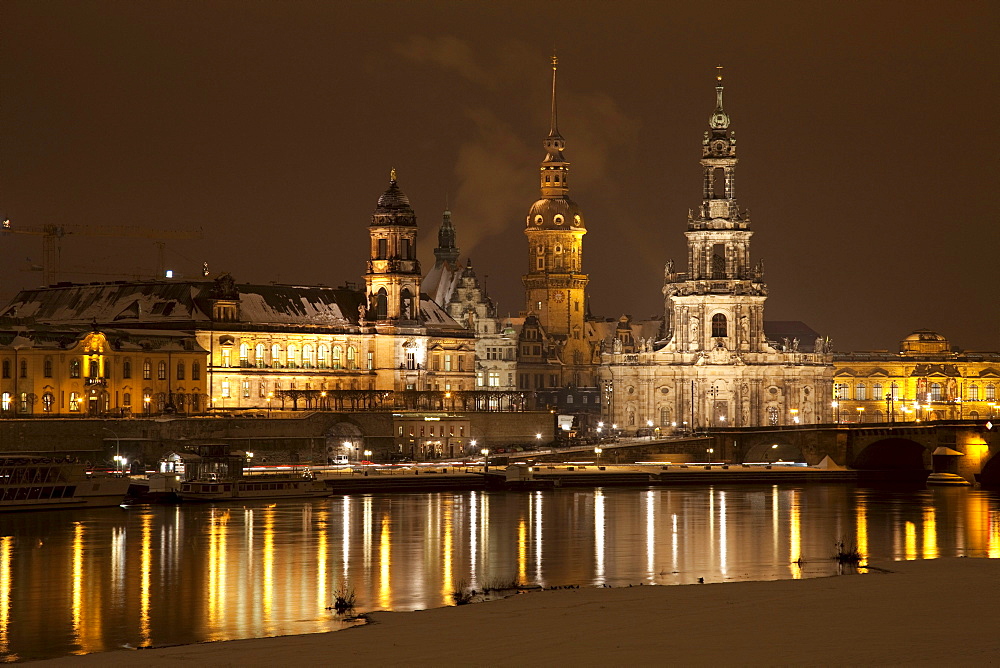 Bank of the Elbe River, Terrassenufer banks, Neues Staendehaus building, the building of the Higher Regional Court, Dresden Castle and the Cathedral of St. Trinitatis, Dresden, Saxony, Germany, Europe