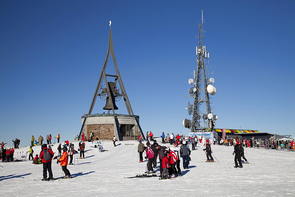 Concordia 2000 bell on the mountaintop plateau on Kronplatz mountain, 2272 m, Kronplatz winter sport region, Bruneck, Puster Valley, Province of Bolzano-Bozen, Italy, Europe